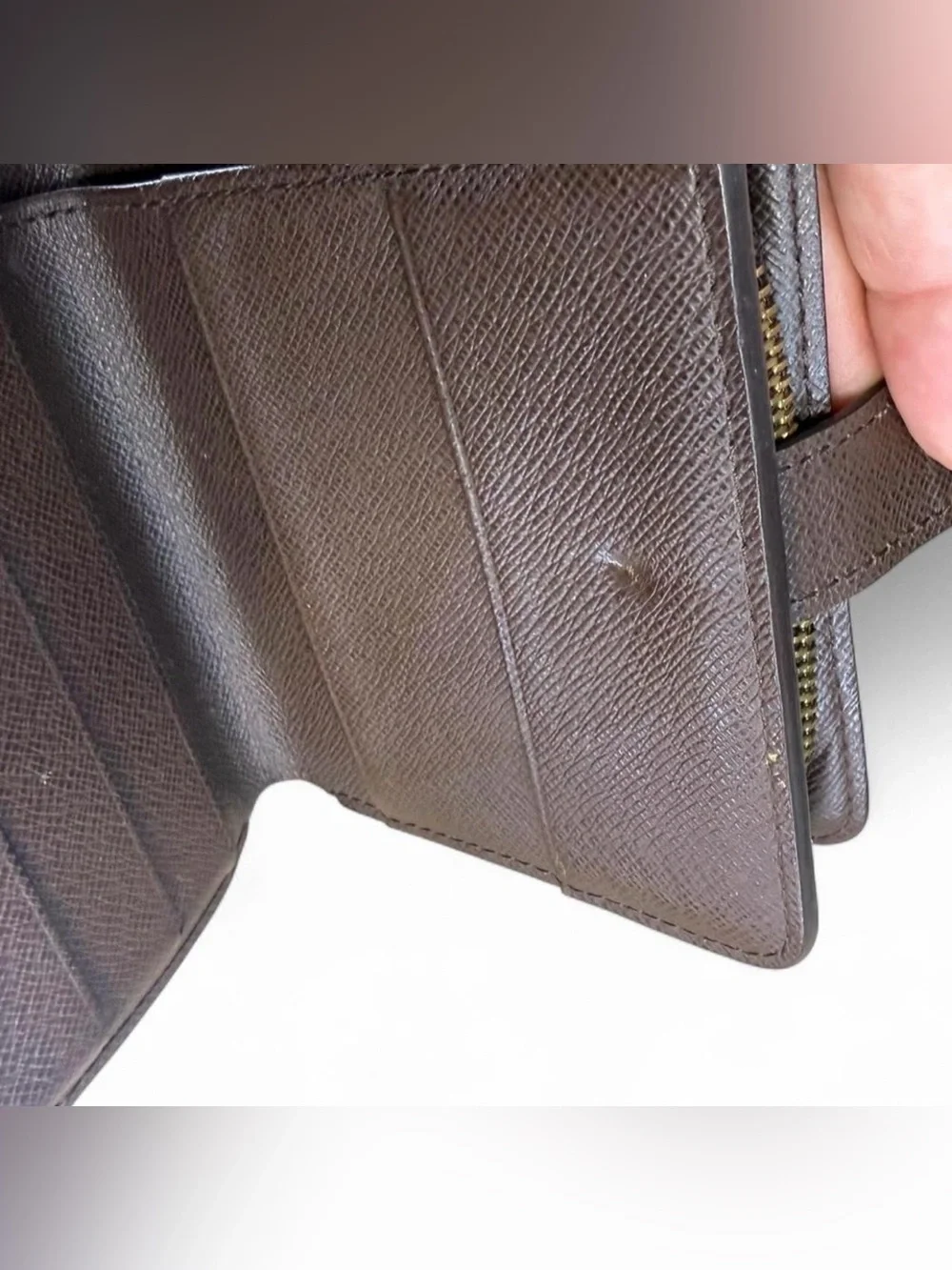 Louis Vuitton Damier Ebene Compact Wallet Brown Leather Snap Zipper Box Dust Bag